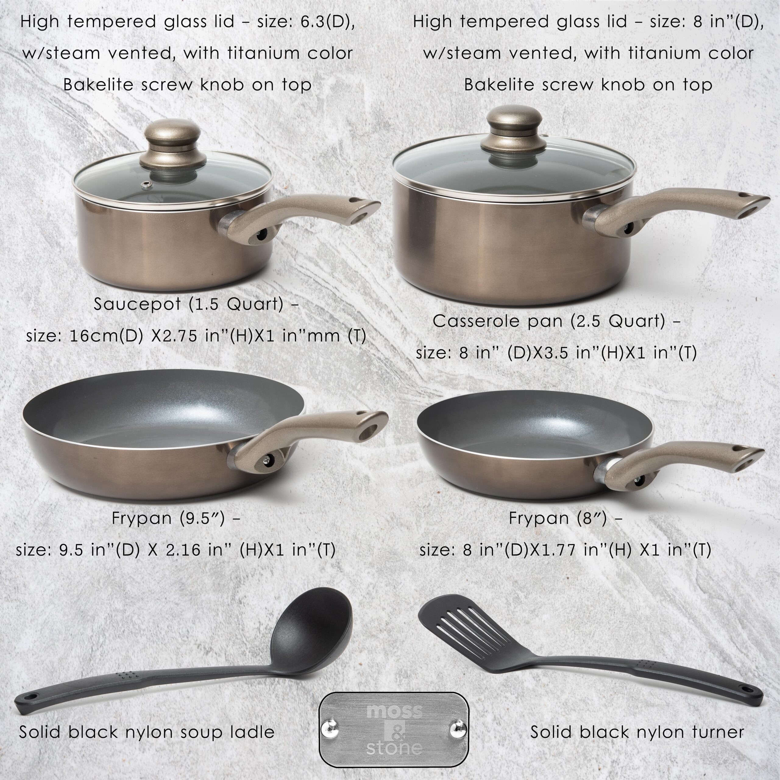 Moss & Stone 8 Piece Nonstick Cookware Set, Aluminum Pots and Pans with